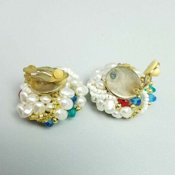 Vintage Large Beaded Cluster Clip On Earrings Faux Pearl Gold Tone, Retro Estate - Picture 3 of 6